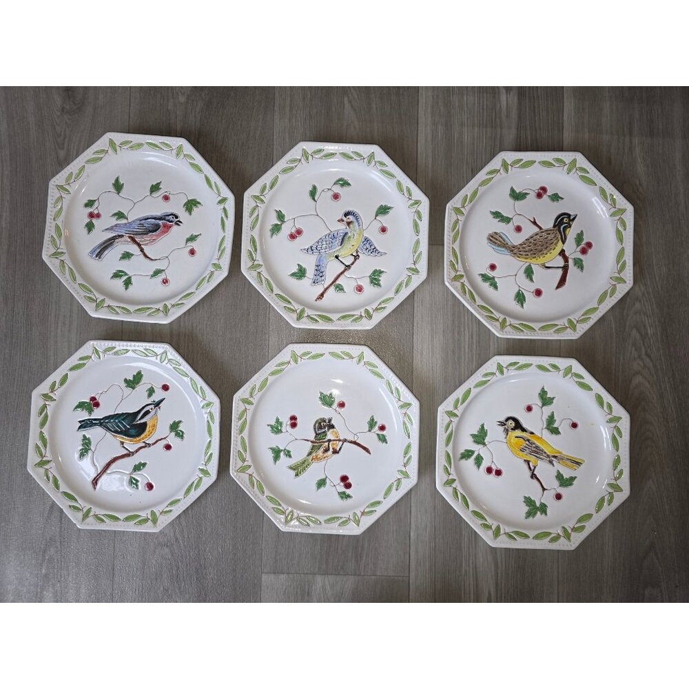 Vintage Ceramic Bird Plates Octagonal Hand Painted Decorative Set Of 6